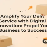 Digital delivery icons and business growth elements displayed around a centered headline representing innovation and success.