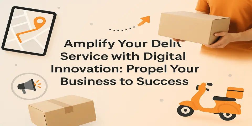 Digital delivery icons and business growth elements displayed around a centered headline representing innovation and success.