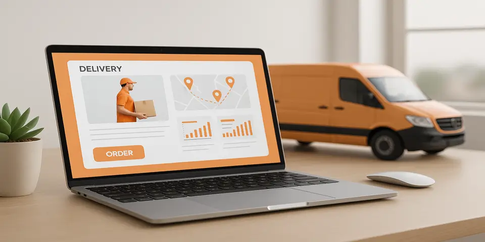 Laptop displaying delivery software interface and performance tracking tools.