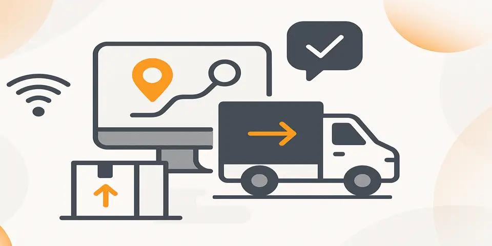 Minimal abstract layout with delivery-themed icons and clean gradient shapes highlighting digital transformation.