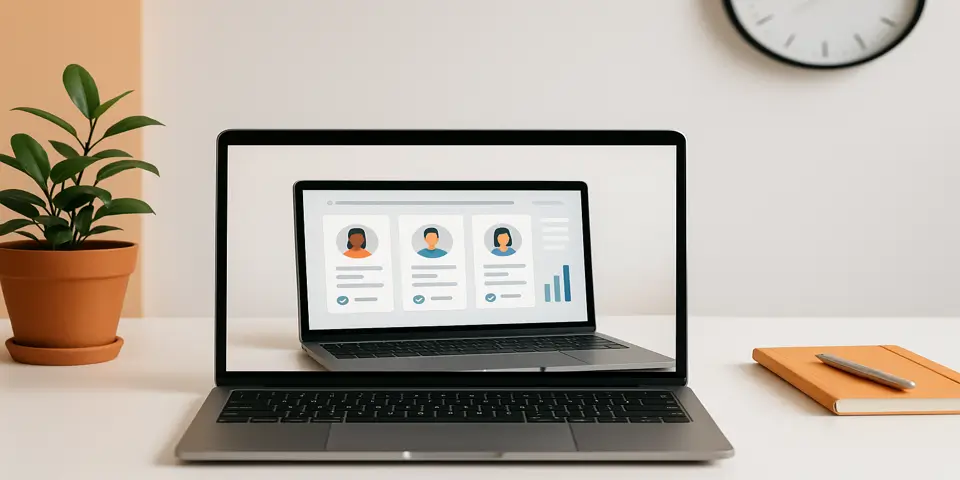Laptop displaying recruitment dashboard with hiring metrics and digital hiring interface.