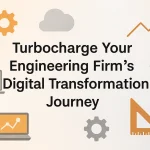 Modern digital technology elements surrounding a central title showcasing innovation and transformation in the engineering industry.