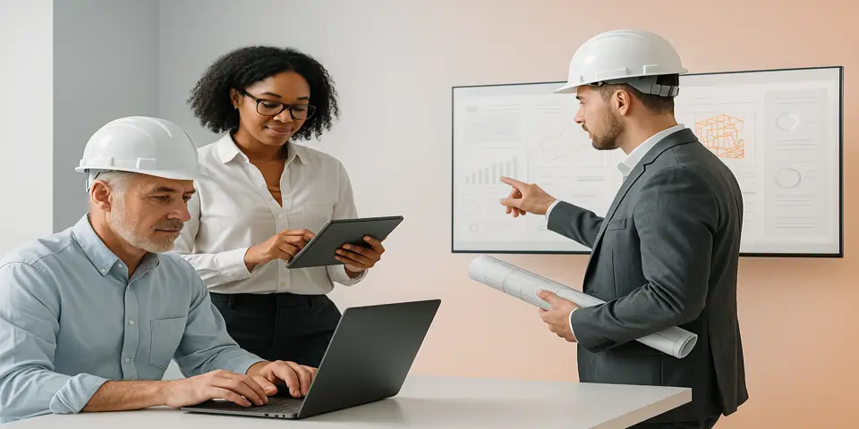 Team of professionals discussing engineering technology solutions to enhance digital transformation strategy.