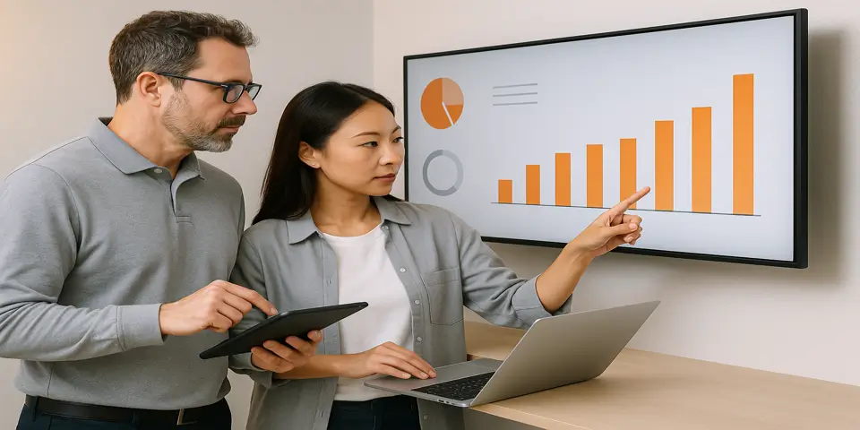 Team discussing marketing strategy with digital analytics on a display screen.