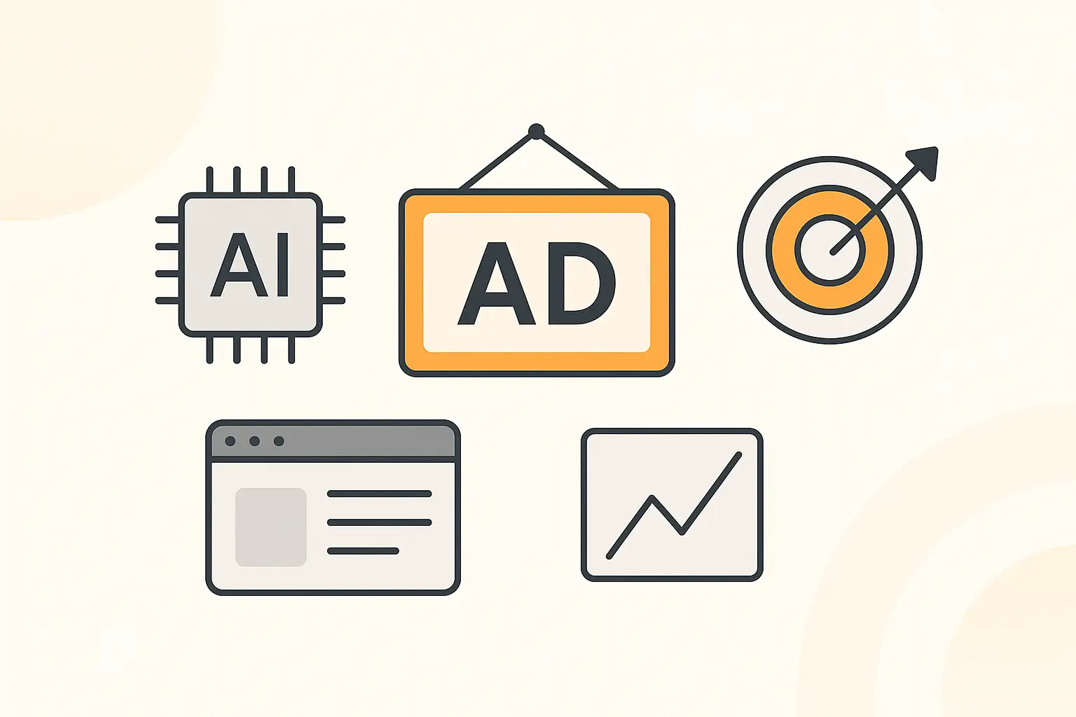 Minimal abstract shapes and icons representing digital innovation and marketing transformation.