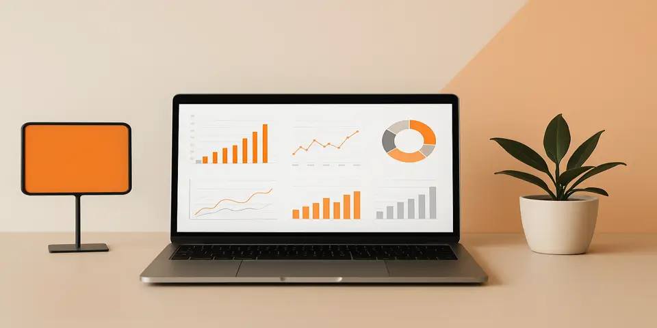 Laptop showing AI-powered marketing analytics dashboard with growth charts.