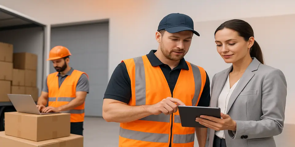 Logistics team analyzing digital data to improve operational efficiency and workflow performance.