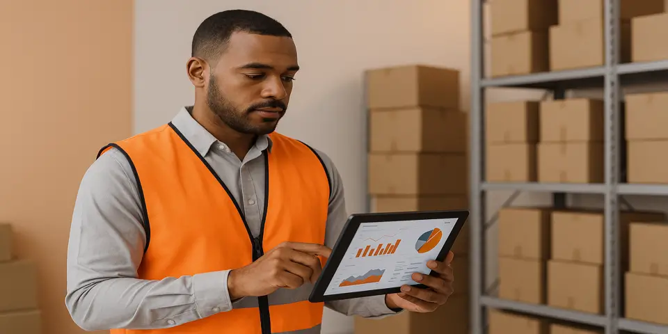 Professional reviewing logistics analytics using intelligent technology for planning improvements.