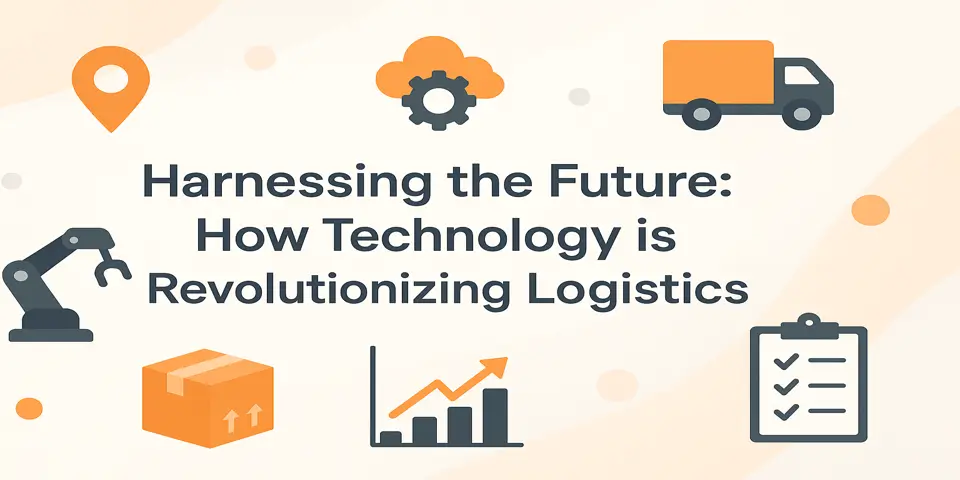 Modern logistics technology icons surrounding a centered title about future-focused innovation.