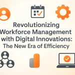 Digital workforce management and technology icons surrounding a centered productivity-focused title.