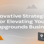 Title surrounded by camping and marketing elements in modern gradients