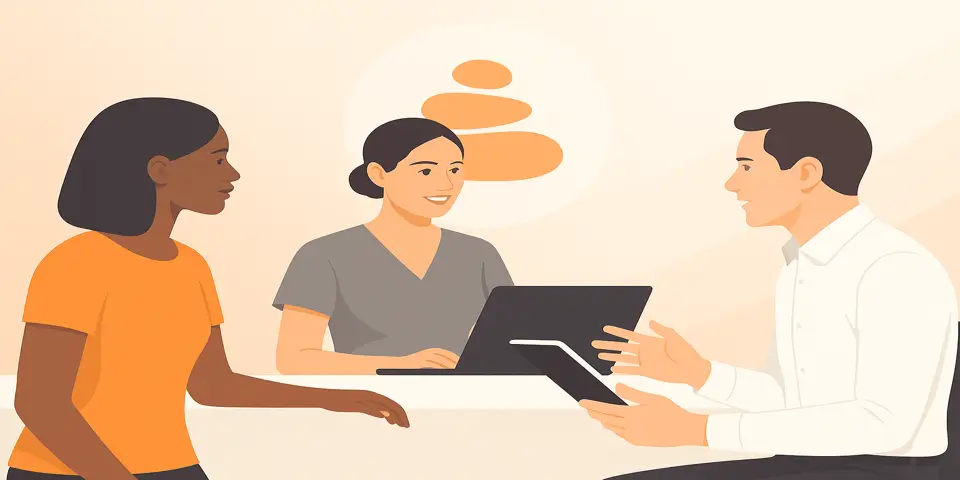 Wellness professionals discussing digital tools to improve spa service experiences.