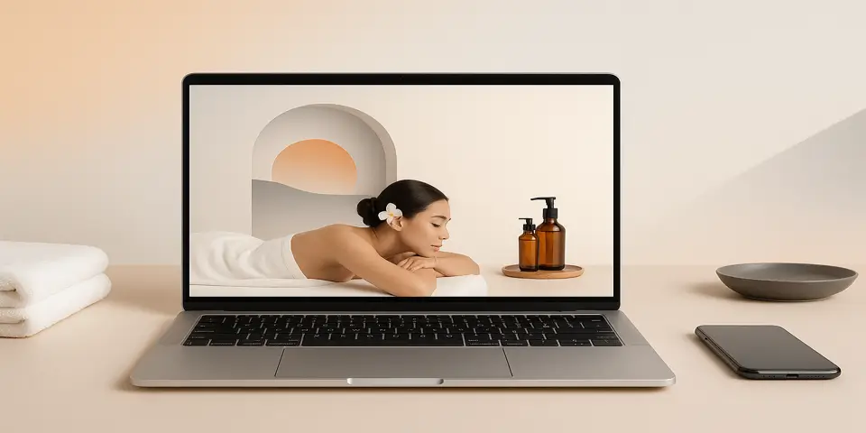 A laptop displaying analytics charts related to spa service performance and digital metrics.