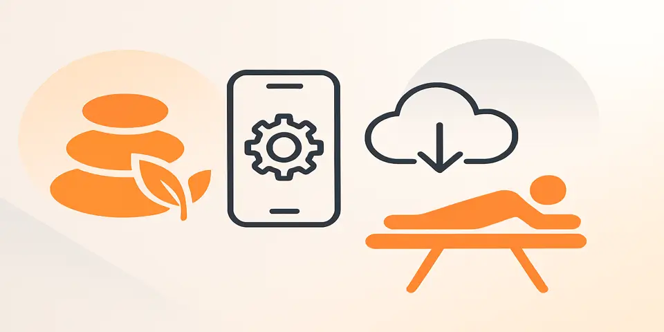 Abstract shapes and technology icons symbolizing digital solutions for modern spa experiences.