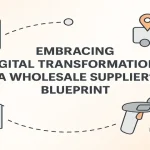 Warehouse logistics setup with boxes, delivery tracking icons, and workflow equipment representing digital transformation in wholesale operations.