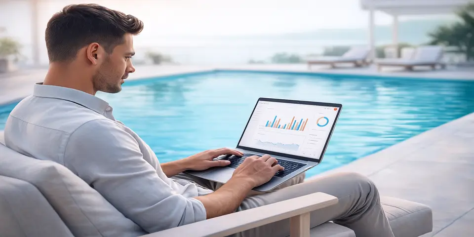Marketing specialist analyzing campaign insights on a digital dashboard for swimming pool business growth.