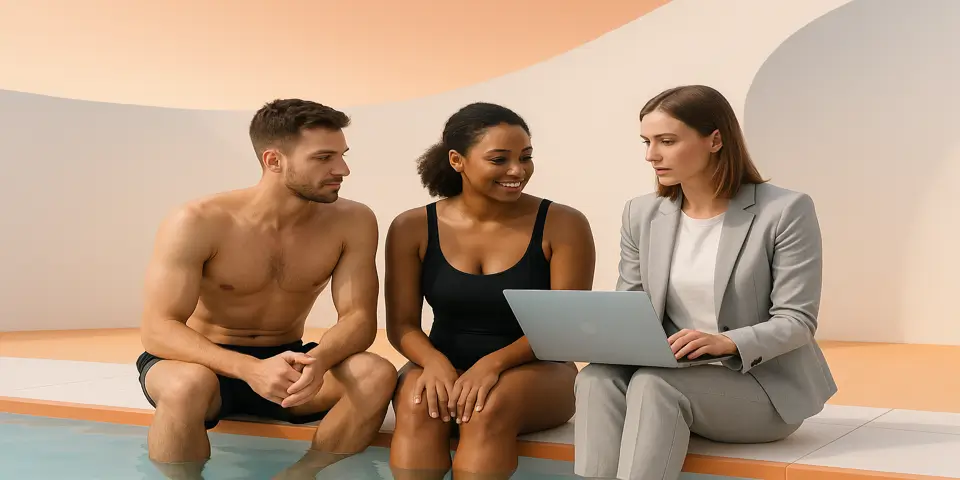 Team working together on digital marketing strategies to improve customer engagement for swimming pool services.