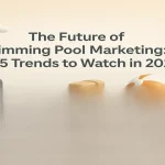 Swimming pool scene with marketing elements like charts, lifesaver ring and megaphone representing modern strategies for business growth.