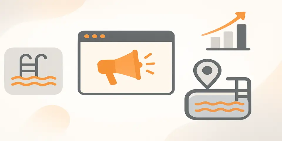 Abstract shapes and pool-related icons symbolizing creative marketing strategies and modern promotional direction.