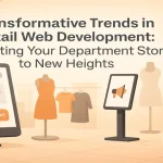 Modern retail store interior with digital screens, product displays and e-commerce interface representing new retail technology trends.