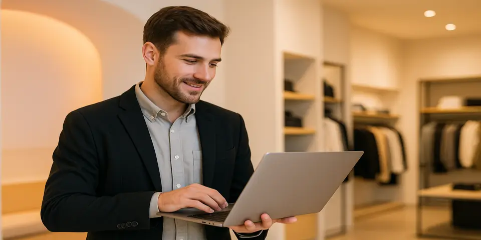 Retail professional analyzing performance data and website insights on a digital dashboard to improve store results.