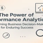 Performance analytics dashboard with data charts, financial icons, and magnifying glass representing informed business decision-making.