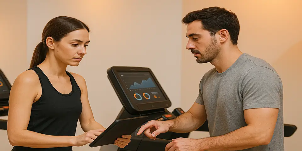 Group exercising with advanced digital fitness equipment and performance tracking technology.