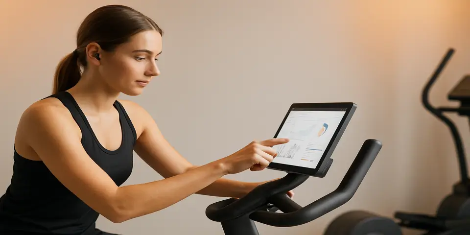 Person using smart exercise equipment with digital performance analytics for improved workout results.