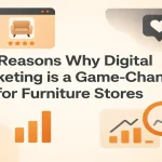 Modern furniture showroom setting with digital marketing elements such as analytics icons and promotional design tools.