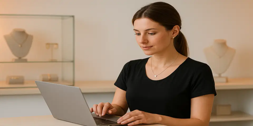 Marketing specialist analyzing online performance insights to improve jewelry sales and campaign results.