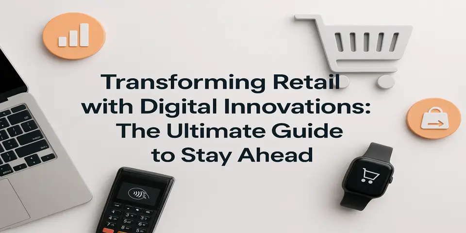 Hyper-real retail technology elements surrounding a centered title about transforming retail with digital innovations.