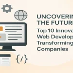 Modern web development elements surrounding a centered title about innovations transforming technology companies.