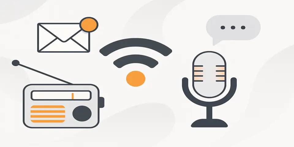 Minimal technology and radio signal icons representing modern digital broadcasting and audience engagement.