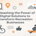 Digital tools and recreation elements surrounding a centered title focused on transforming recreation businesses through digital solutions.