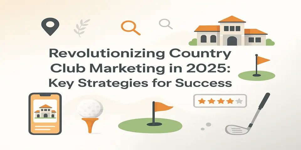 Country club and golf-themed digital marketing elements surrounding a centered title about marketing strategies for 2025.