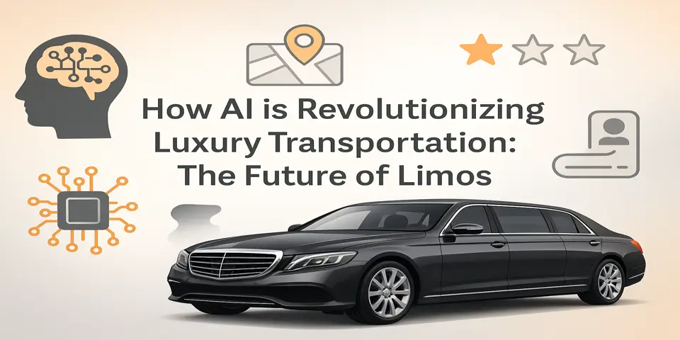 Luxury transportation and AI technology elements placed around a centered title focused on the future of limos.