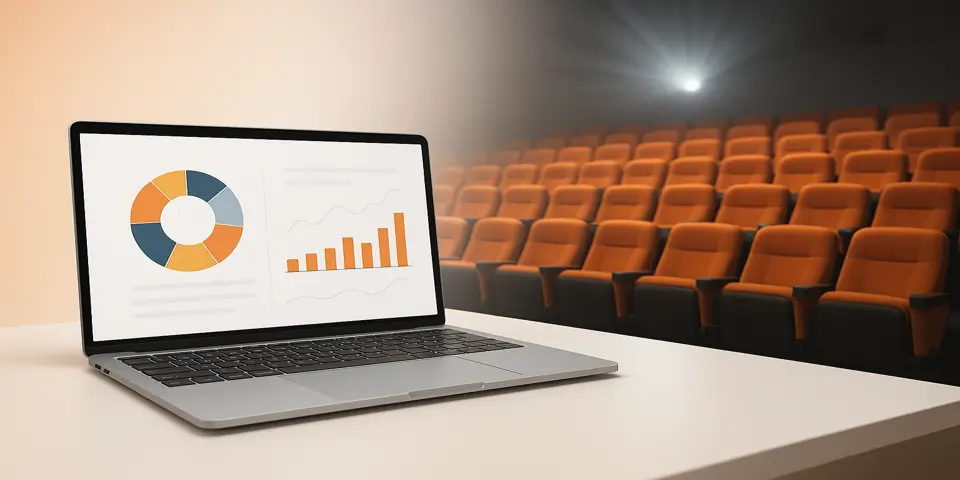 Digital device screen displaying cinema analytics, charts, and AI automation data