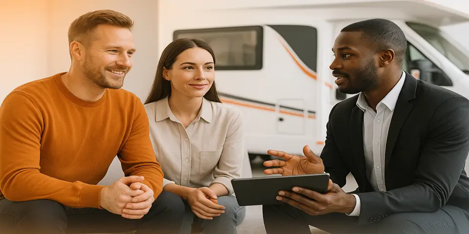 Team reviewing AI-powered sales dashboards to optimize RV dealership strategy