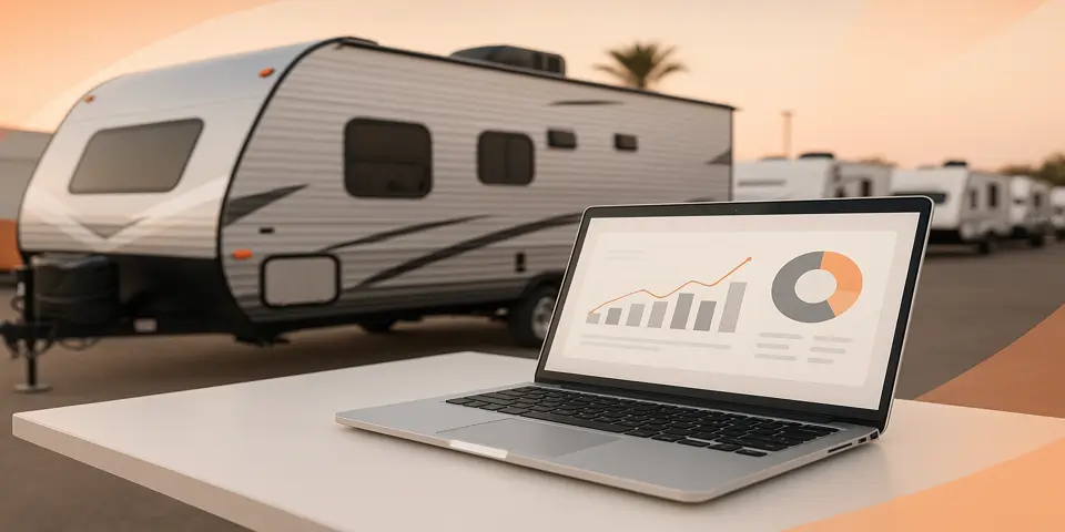 Digital device displaying AI analytics charts and dealership performance metrics