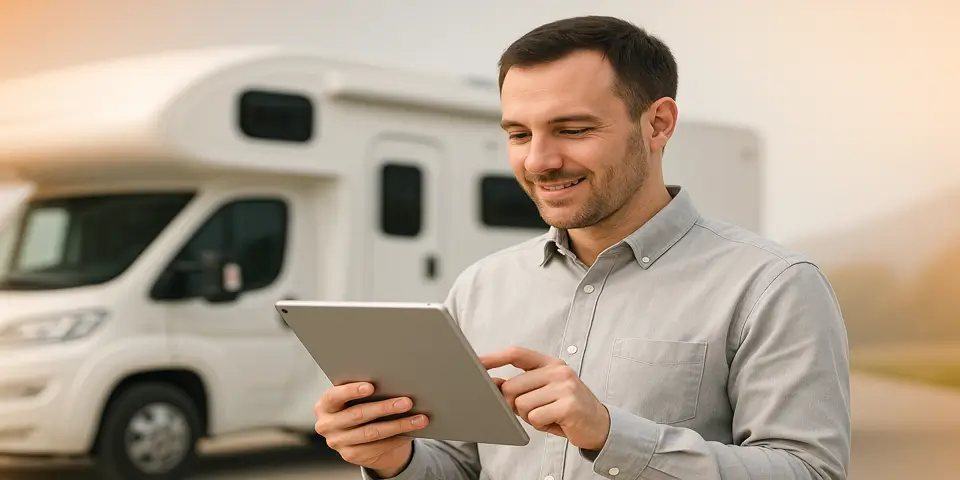 Dealership manager analyzing customer and sales data using an AI-driven performance dashboard