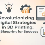 Digital strategy transformation in 3D printing featuring modern design elements and technology icons