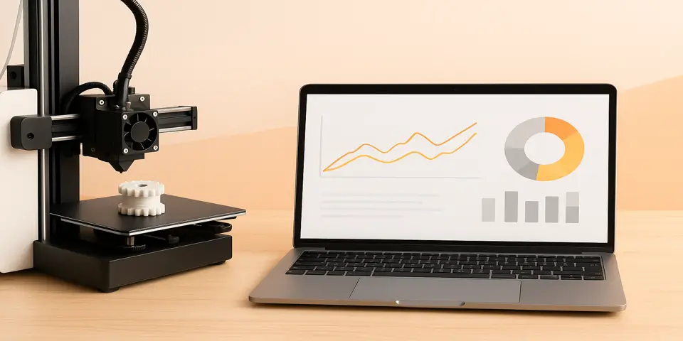 Modern digital device displaying performance analytics for 3D printing strategy and business improvement