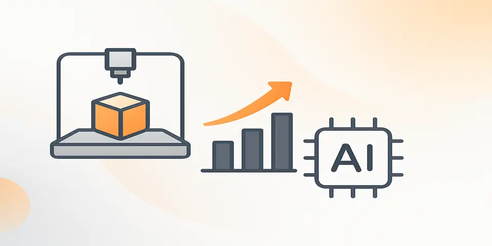 Abstract technology and analytics icons symbolizing digital transformation in manufacturing and 3D printing