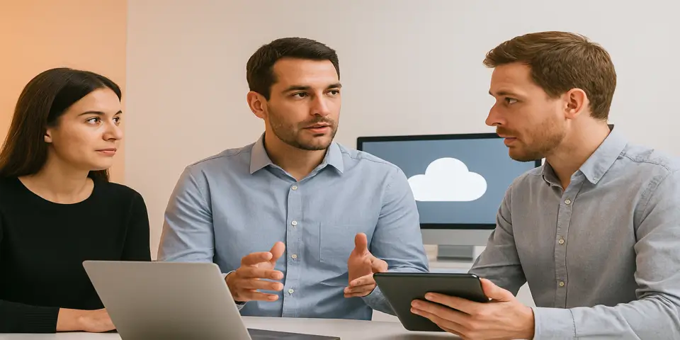 Business professionals evaluating cloud performance dashboards to plan digital growth strategies