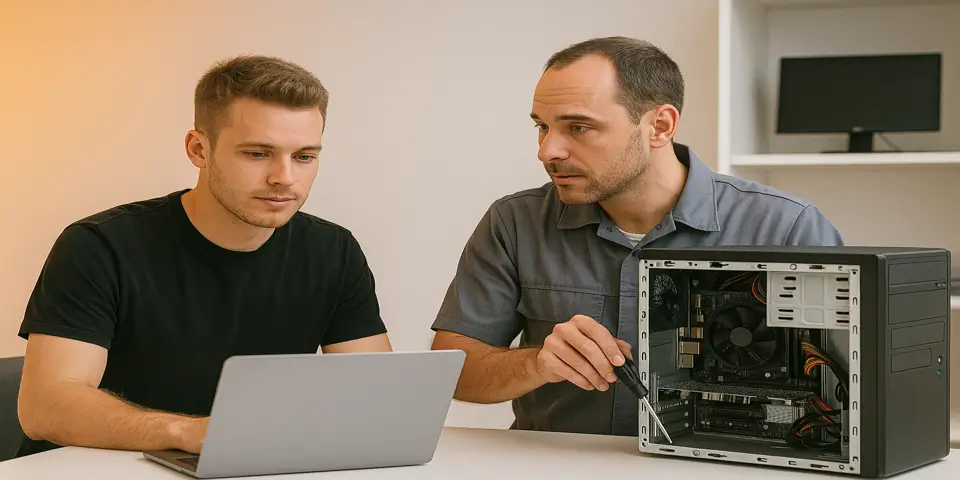 Team reviewing performance analytics and digital strategy dashboards to improve repair service operations