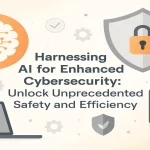AI-powered cybersecurity innovation with digital protection icons and security shield elements representing safety and efficiency