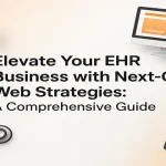 Modern digital interface elements surrounding centered guide title for improving EHR business growth with next-gen web strategies