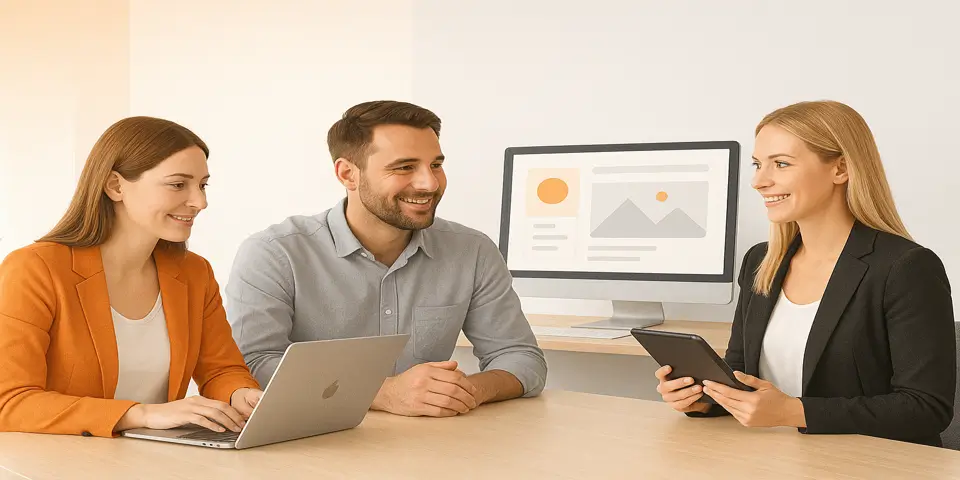 Creative professionals collaborating on modern web design concepts and layout strategies