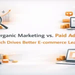Comparison visuals of organic marketing and paid ads around centered title