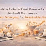SaaS lead generation engine with laptops dashboards and growth visuals